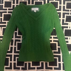 Green V-Neck Cable Knit Sweater